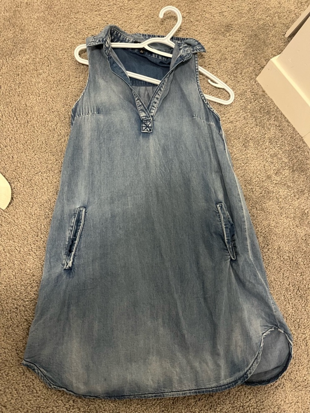 Chambray Sleeveless V-Neck Shift Dress